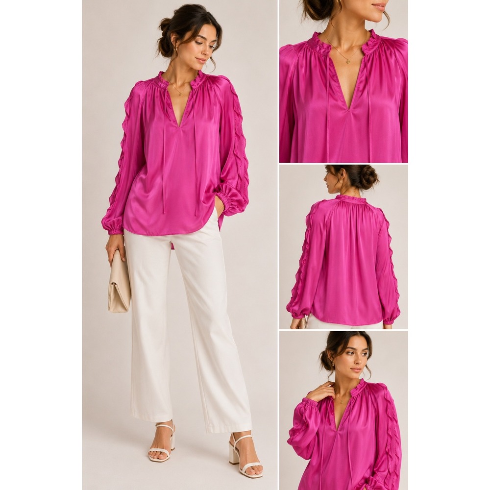 Amanda Uprichard Claud Top Aster Pink 100% Silk Ruffle Sleeve Blouse Medium‎ NEW
